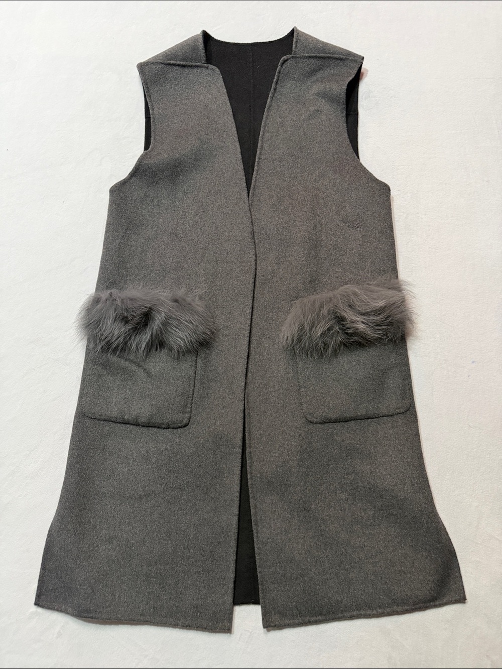 ADD by Nice Claup Handmade Sleeveless Faux Fur Trim Wool-Blend Vest - Gray